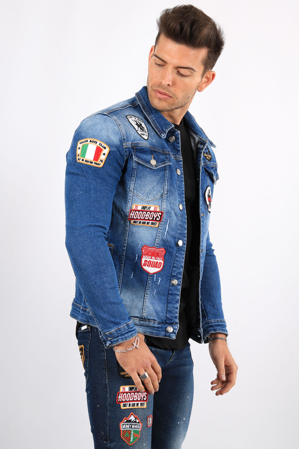 Veste en jeans bleu patchs 013 Veste en jeans bleu patchs 130