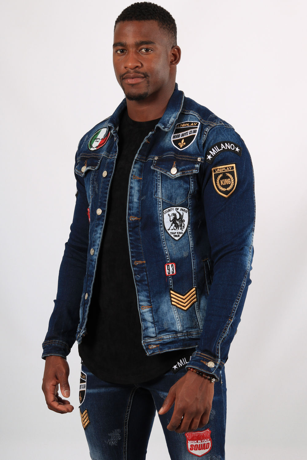 Veste en jeans bleu patchs 130 Veste en jeans bleu patchs 130