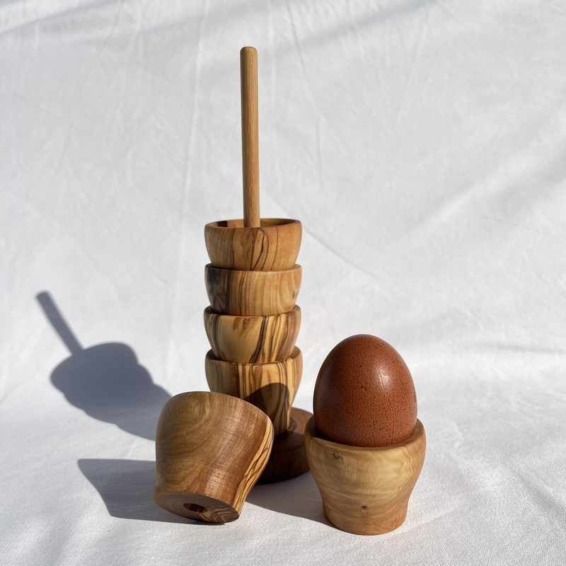 Lot De 4 Coquetiers En Bois D'olivier Naturel - Pièces Uniques Artisanales - Hauteur 7,5 Cm, Diamètre 5 Cm