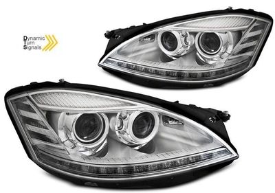 PHARES A LEDS DEVIL EYES "REAL DRL" DLITE MERCEDES CLASSE S W221 PHASE 1 AVEC FONCTION AFS ET CLIGNOTANTS DTS -DYNAMIC TURN SIGNAL- (2005/05-2009)