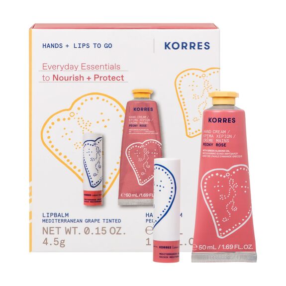 Korres Crème Mains Hydratante Peony Rose 50 ml + Korres Stick à Lèvres Teinté Raisin Méditerranéen 4,5 g