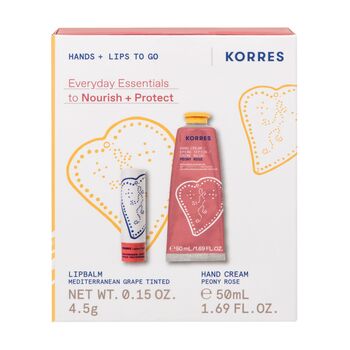 Korres Crème Mains Hydratante Peony Rose 50 ml + Korres Stick à Lèvres Teinté Raisin Méditerranéen 4,5 g