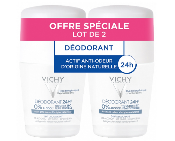 Vichy Déodorant 24H Toucher Sec Peau Sensible Roll-On Lot de 2 x 50 ml