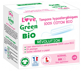 Love & Green Tampons Hypoallergéniques sans applicateur Normal x16