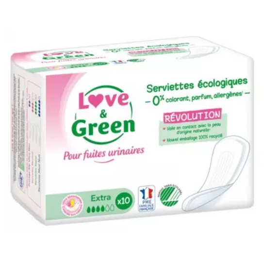 Love & Green Serviettes Écologiques pour Fuites Urinaires EXTRA x10
