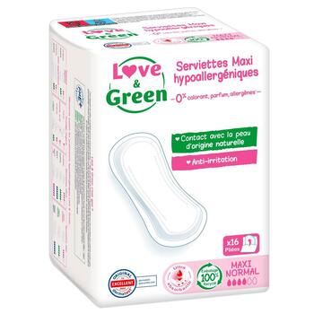 Love & Green Serviettes hygiéniques Hypoallergéniques MAXI NORMAL - Flux Modérés x16