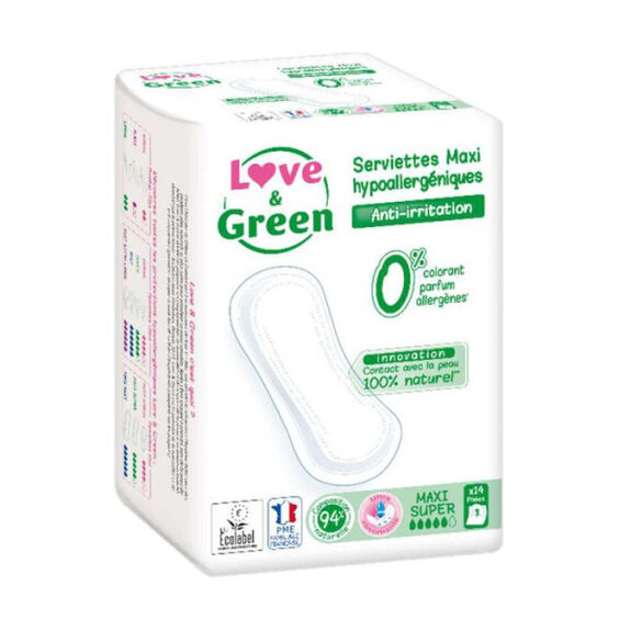 Love & Green Serviettes hygiéniques Hypoallergéniques MAXI NORMAL - Flux Modérés x16
