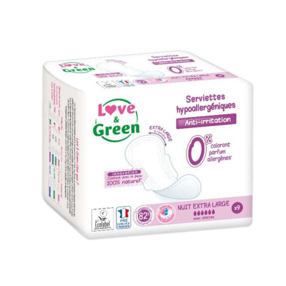 Love & Green Serviettes hygiéniques Hypoallergéniques Nuit Extra Large x9