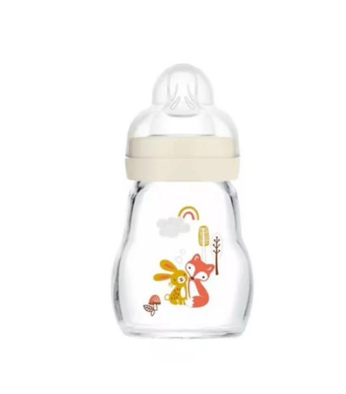 MAM  Biberon en Verre Premium 170ml Nature Lin 0 Mois et +, Tétine SkinSoft Débit 1
