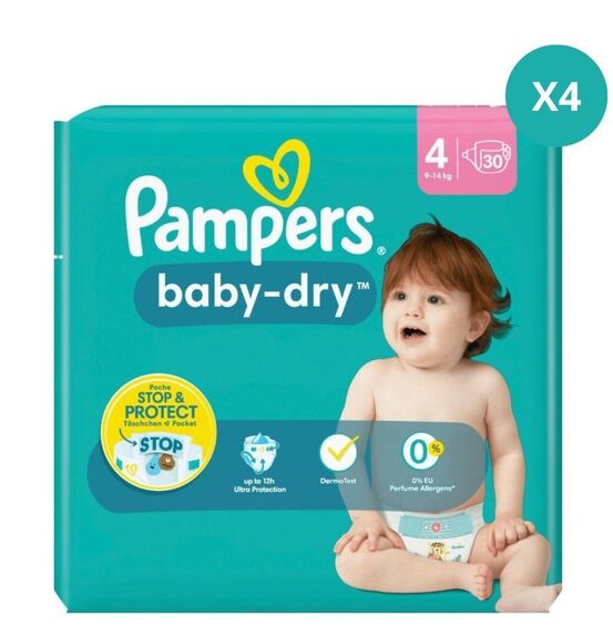 LOT DE 4 Pampers Baby-Dry Couches T4 (9-14k g) - 30x4 couches (120 couches)