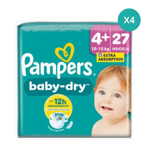 LOT DE 4 Pampers Baby-Dry Couches T4+ (10-15 kg) - 27 x4 (108 couches)