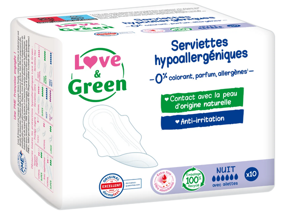 Love & Green Serviettes Écologiques Ultra nuit - Flux Abondants -  x10