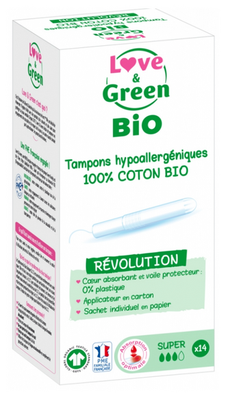 Love & Green Tampon 100% Coton BIO AVEC Applicateur SUPER x14