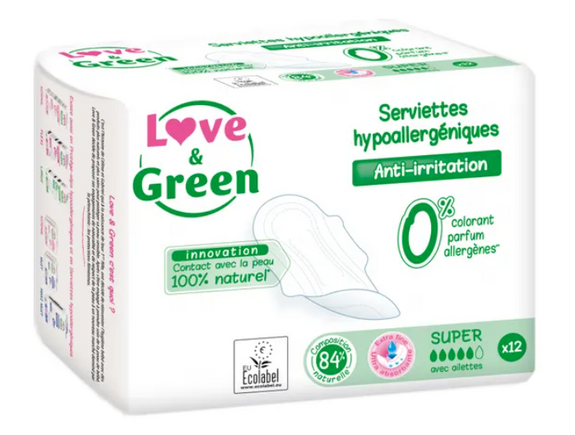 Love & Green Serviettes hygiéniques Hypoallergéniques ULTRA SUPER  - Flux Abondants x12