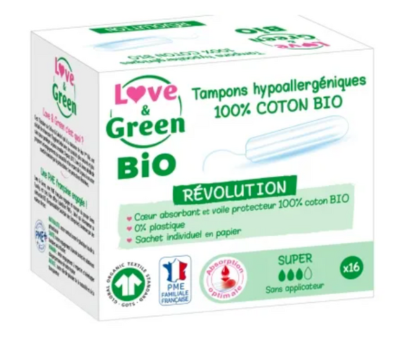 Love & Green Tampons Hypoallergéniques sans applicateur Super x16