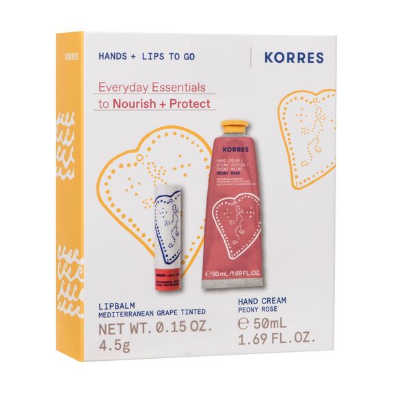 Korres Crème Mains Hydratante Peony Rose 50 ml + Korres Stick à Lèvres Teinté Raisin Méditerranéen 4,5 g