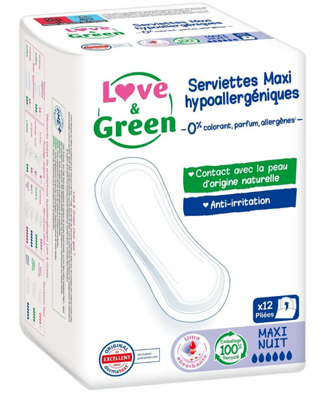 Love & Green Serviettes écologiques Maxi Nuit Flux abondants x12