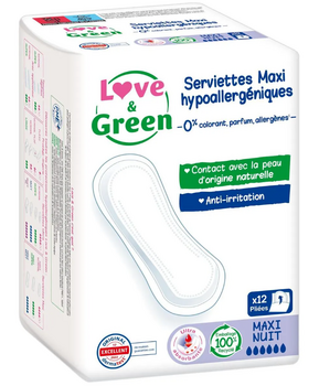 Love & Green Serviettes écologiques Maxi Nuit Flux abondants x12