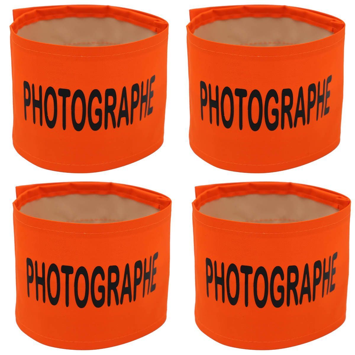 Lot De 4 Brassards Sécurité PHOTOGRAPHE Orange Fluo – Réglables Velcro, Imprimés En France, Polyester Imperméable