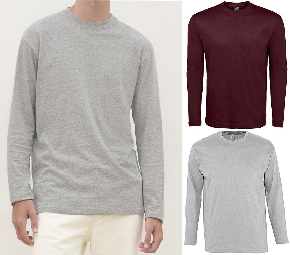 lot 2 T-shirts manches longues HOMME - gris chiné et rouge bordeaux
