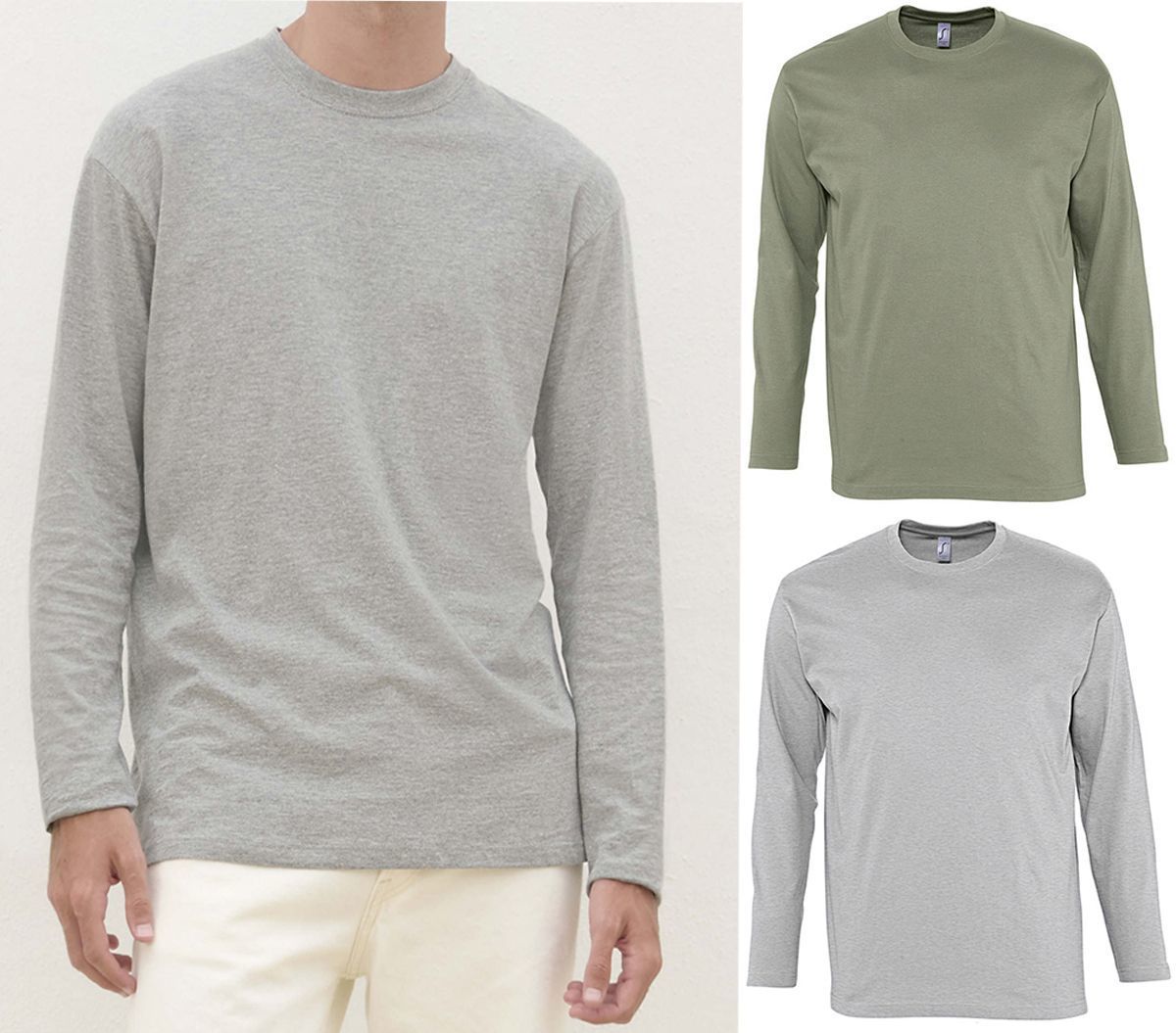 lot 2 T-shirts manches longues HOMME - gris chiné et vert kaki