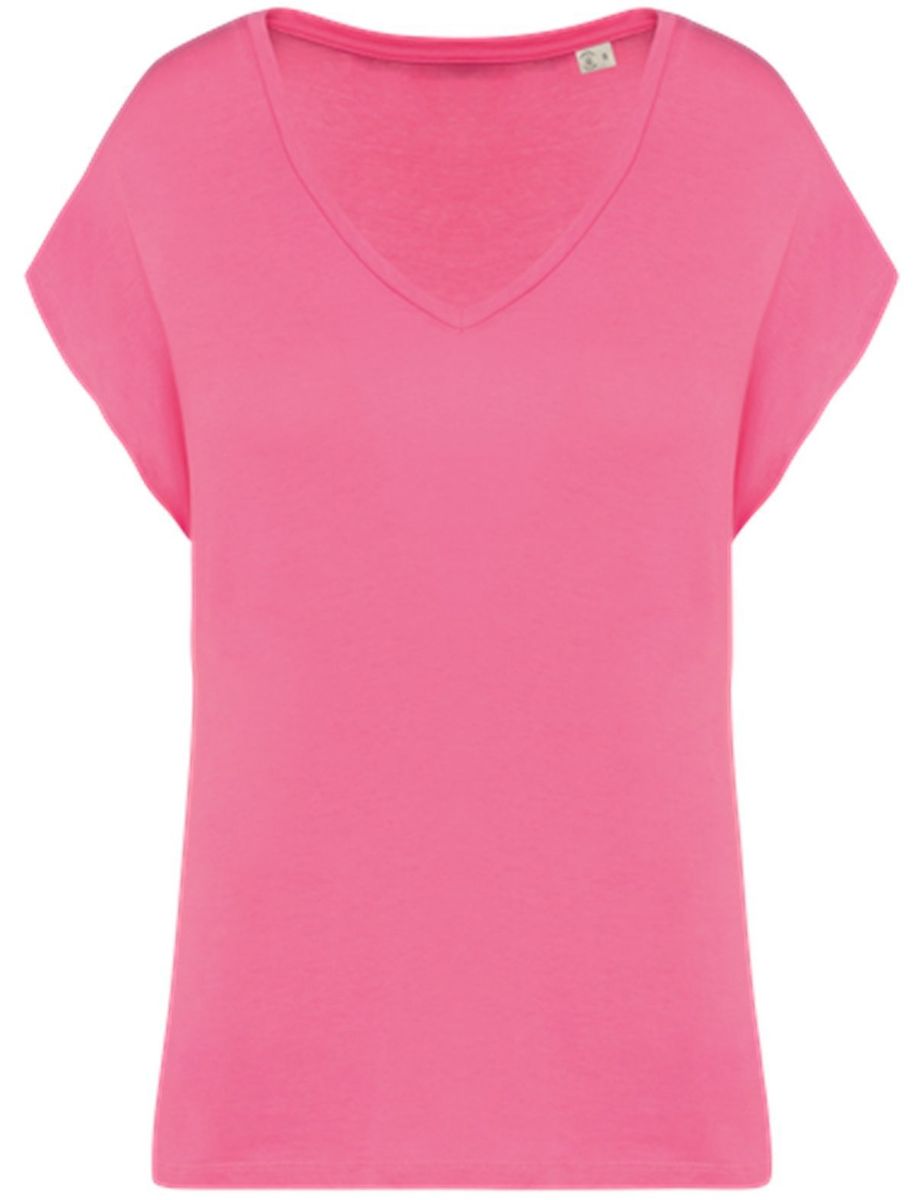 T-shirt loose à col V écoresponsable - Femme - PAT312 - rose candy