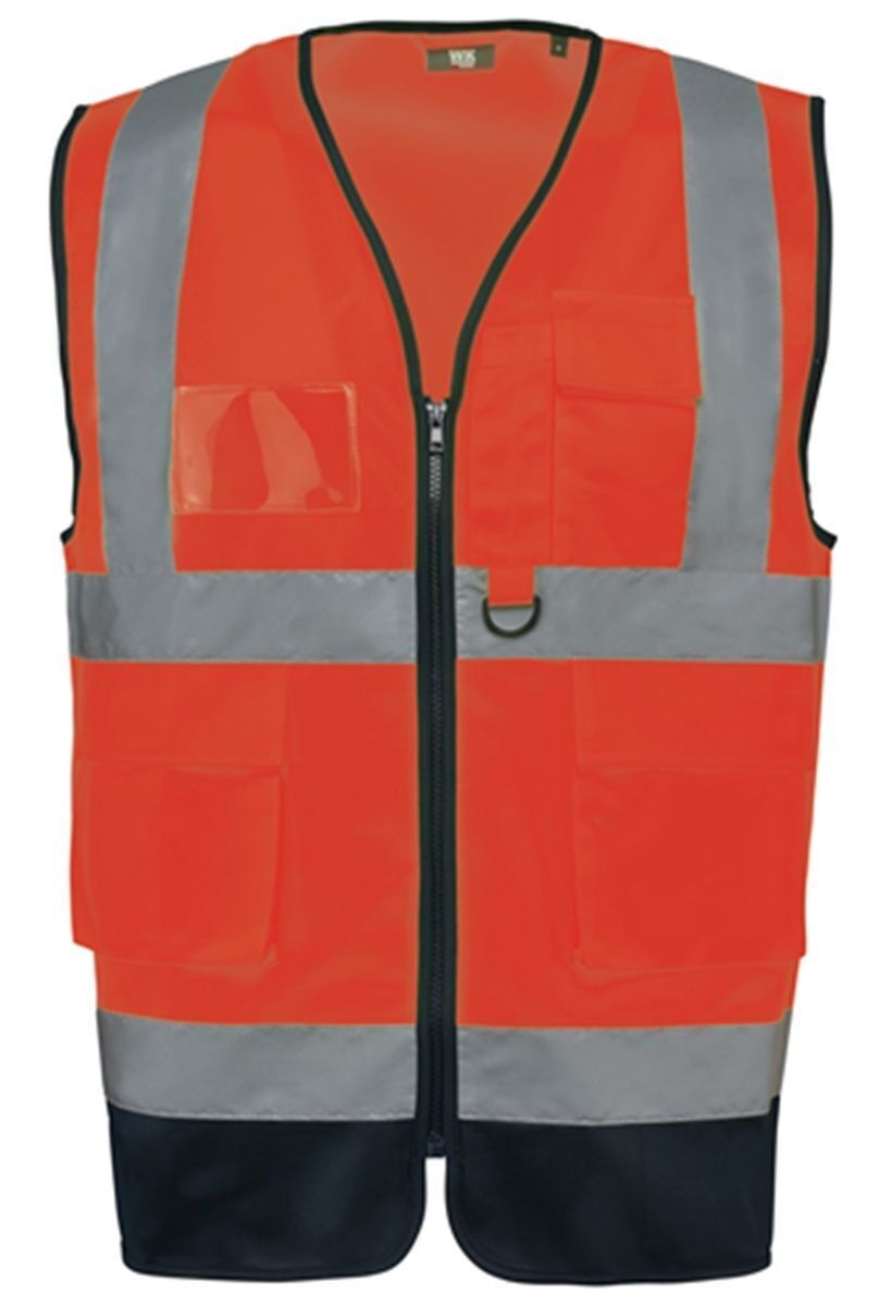 Gilet de sécurité haute visibilité - Unisexe - WK618 - orange fluo et bleu marine
