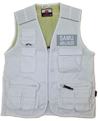 Gilet multipoches sans manches - blanc - marquage personnalisé SAMU réfléchissant