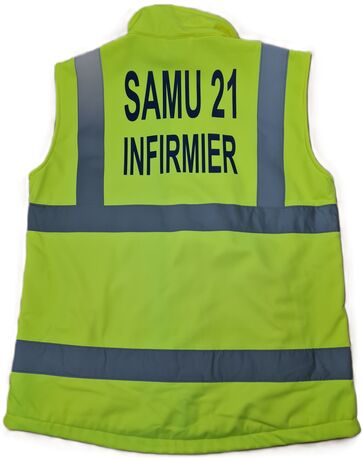 Gilet de sécurité softshell jaune  - marquage personnalisé votre texte (SAMU, ARM, MEDECIN, INFIRMIER..)