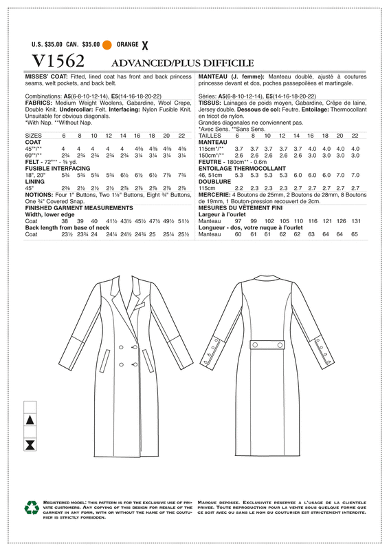 Patron Vogue 1562 Manteau femme long coutures princesses Patron Vogue 1562 Manteau femme long coutures princesses