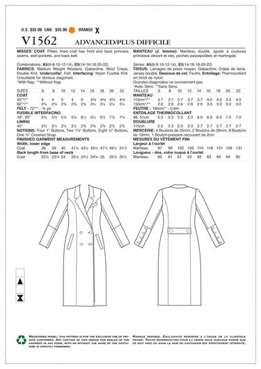 Patron Vogue 1562 Manteau femme long coutures princesses Patron Vogue 1562 Manteau femme long coutures princesses