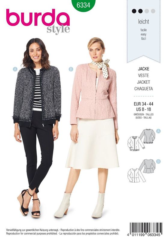 Patron Burda Blouson veste à basque et fermeture à glissière Patron Burda Manteau cintré pour femmes