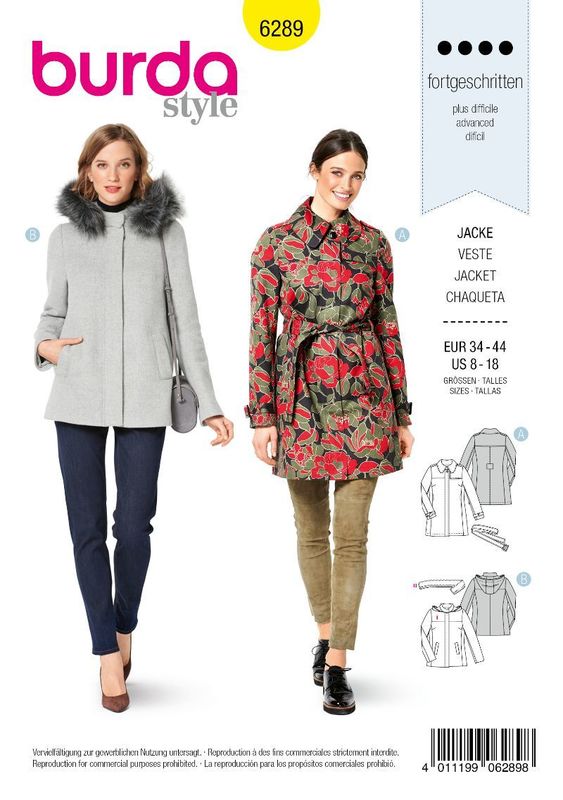 Patron Burda Manteau zippé pour femmes Patron Burda Manteau cintré pour femmes