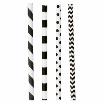 Paille droite couleur noir avec motifs assortis en PAPIER recyclable 0.6 x 21 cm - carton de 3000 pailles