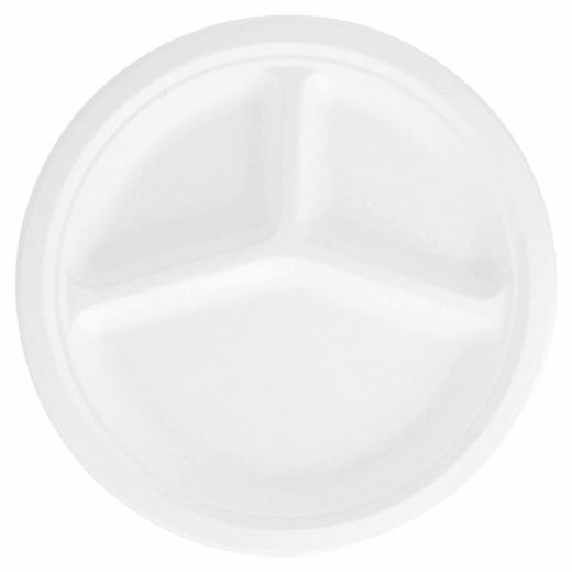 Assiette en cellulose naturelle fibre de canne à sucre 3 compartiments - Blanc - 26 cm - carton de 800 unités