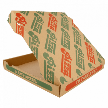 Boite à pizza marron écologique impression motifs pizza 26x26x3.5 cm - pack de 100 unités