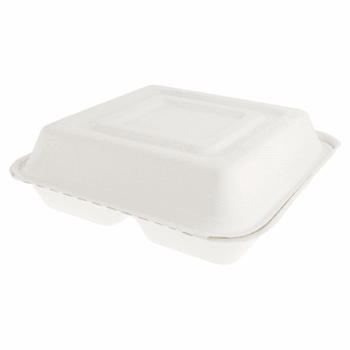 Coque 3 compartiments en cellulose naturelle fibre de canne à sucre  - Blanc - 25x25 cm- carton de 250 unités