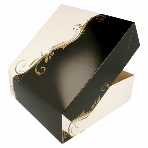 Boîte pâtissière BLANCHE ET NOIR 23x23x7.5(h) cm - pack de 200 unités
