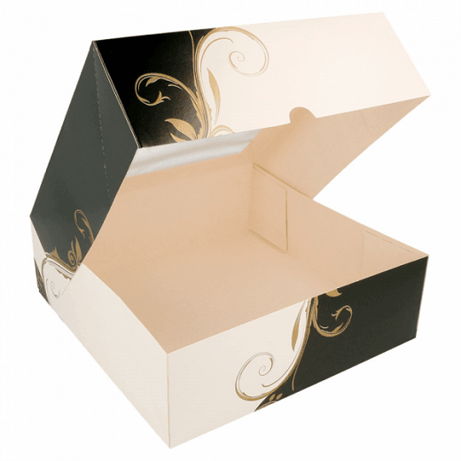 Boîte pâtissière avec fenêtre BLANCHE ET NOIR 23x23x7.5(h) cm - carton de 200 unités