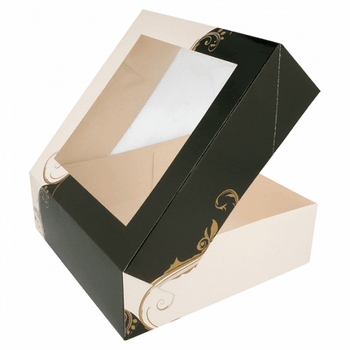 Boîte pâtissière avec fenêtre BLANCHE ET NOIR 23x23x7.5(h) cm - carton de 200 unités