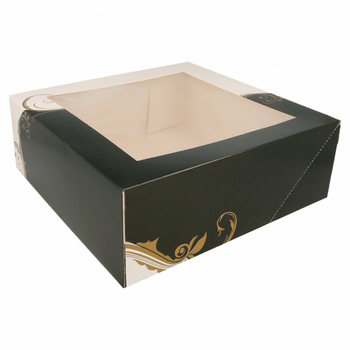 Boîte pâtissière avec fenêtre BLANCHE ET NOIR 28x28x10(h) cm - pack de 100 unités