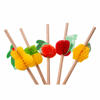 Pailles décorées fruits kraft en PAPIER recyclable 0.6 x 23 cm - pack de 24 pailles