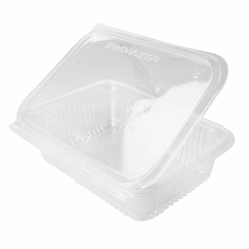 Saladier rectangulaire en PLA 750 ml avec couvercle à charnière - 18.8 x 14.3 x 5.2 cm - carton de 400 unités