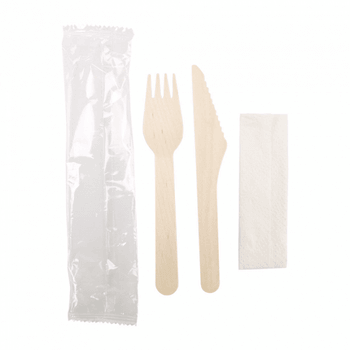 Set sachet de 2 couverts en bois et 1 serviette  -  Pack de 100 sets