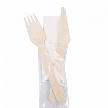Set sachet de 2 couverts en bois et 1 serviette  -  Pack de 100 sets