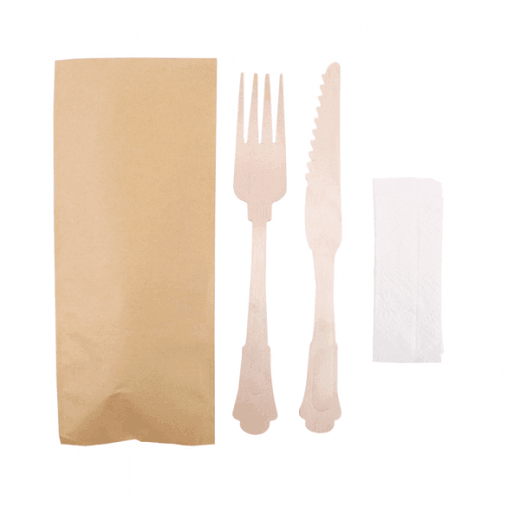 Set sachet de 2 couverts en bois modèle Classic avec serviette - Pack de 100 sets