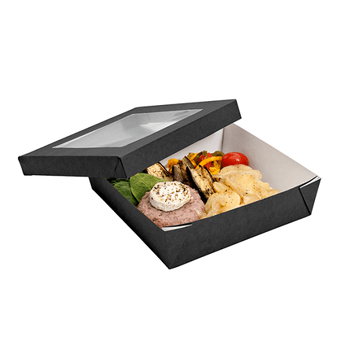 Boite salade 750 ml en carton NOIR avec base étanche et couvercle fenêtre antibuée - 14x14x5 cm - carton de 250 unités