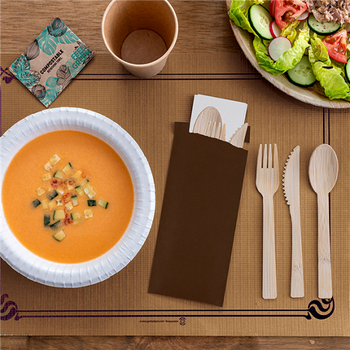 Sachet fermé à couverts KRAFT CHOCOLAT et serviette soft BLANCHE 32x40 cm - Carton de 300 unités