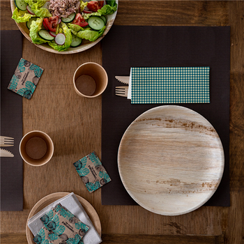 Sachet fermé à couverts KRAFT VICHY BLEU et serviette soft BLANCHE 32x40 cm - Carton de 300 unités