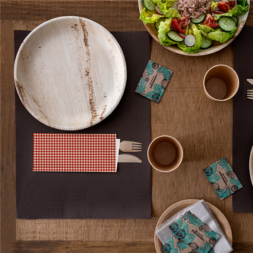 Sachet fermé à couverts KRAFT VICHY ROUGE et serviette soft BLANCHE 32x40 cm - Carton de 300 unités